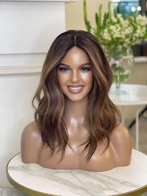 Feinstes menschliches Haar, mittellange Perücken, schokoladenbraun, Balayage 2420