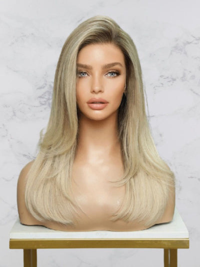 Natural Blond Ash Rooted Face Framing Soft Layers Human Hair Wig