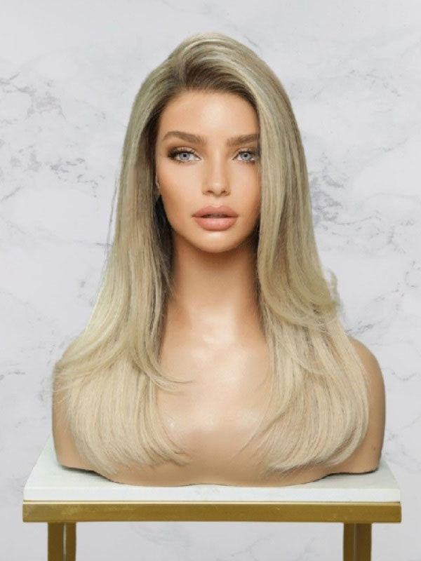 Natural Blond Ash Rooted Face Framing Soft Layers Human Hair Wig