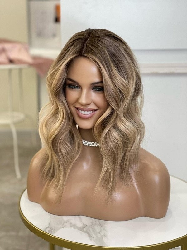 Wavy Balayage Short Human Hair Topper Warm Tone 2401