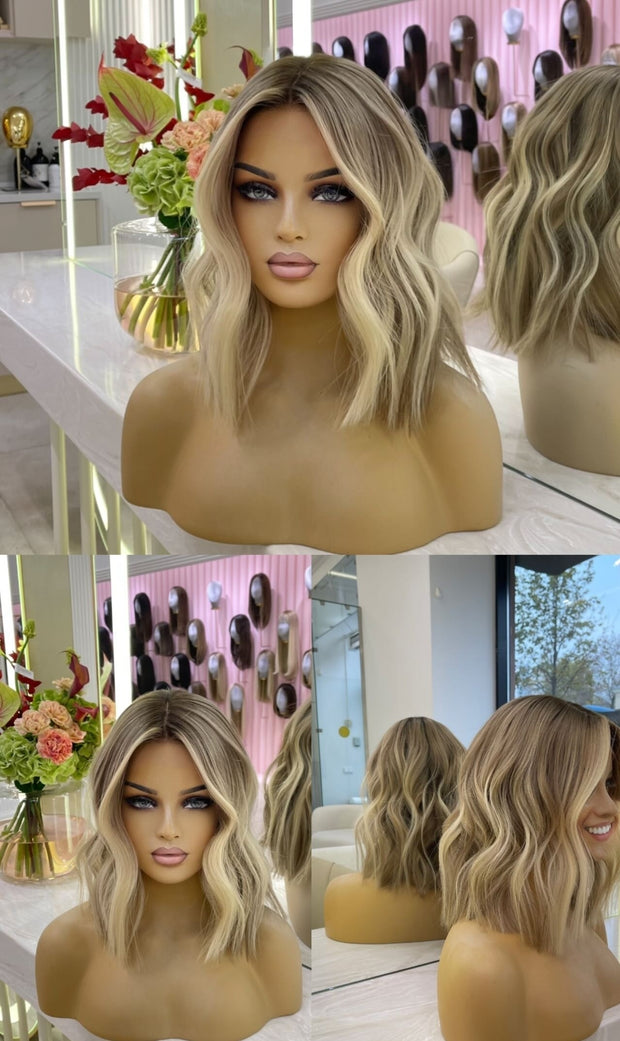 Wavy Bob Blond Balayage Fringe Cut Wig With Short Side Bangs